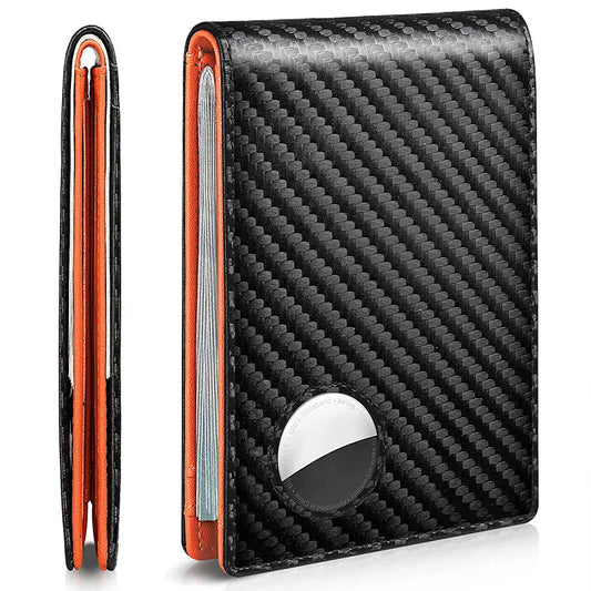 Rfid Carbon Fiber Leather Men Wallet with AirTag Holder for Credit Cards Black Luxury Purse